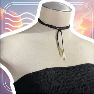 2 Piece - 2 Pairs - Faux Suede Choker Necklace With Tassels - Black + Gold - New